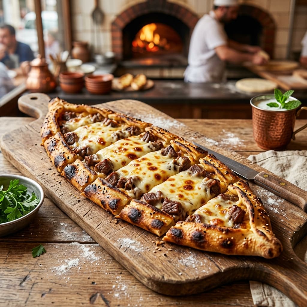 Kavurmalı kaşarlı pide