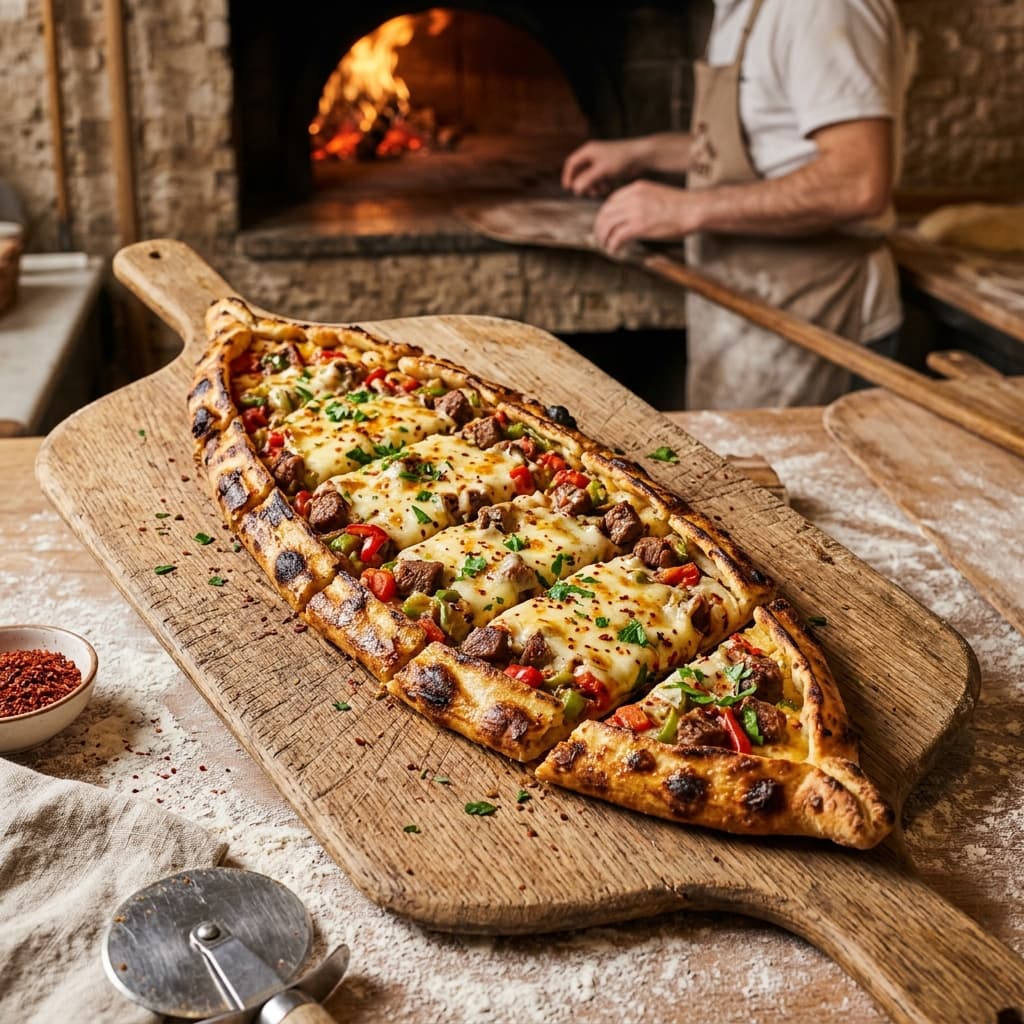 Kuşbaşılı kaşarlı pide